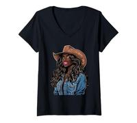 Donna Nero Africano Americano Cowgirl Paese Occidentale Texas Rodeo Maglietta con Collo a V