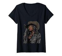Donna Nero Africano Americano Cowgirl Paese Occidentale Texas Rodeo Maglietta con Collo a V