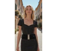 Donna Nero Elasticizzato Paillettes Cintura Metallo Argento Bambù Fibbia Elegant