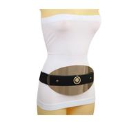 Donna Nero Elastico Bold Statement Cintura Oro Metallo Ovale Piastra Leone Coin