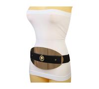 Donna Nero Elastico Cintura Grande Oro Metallo Ovale Piatto Leone Moneta Charm S