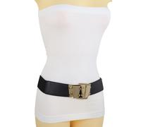 Donna Nero Fascia Elastica Comodo Cintura Oro Metallo Quadrato Bling Fibbia S M