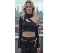 Donna Nero Hip Vita Alta Cintura Oro Colore Metallo Catena Leone Fascino Coin XS