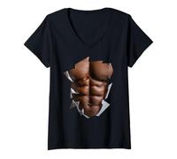 Donna Nero Mens Body Builder Sei Pack Muscolare Divertente Finto ABS Pelle Maglietta con Collo a V