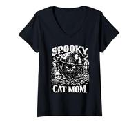 Donna Nero Spooky Cat Mamma Goth Gatto Signora Witchcore Estetica Maglietta con Collo a V