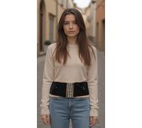 Donna Nero Tessuto Elasticizzato Paillettes Cintura Metallo Argento Bambù Fibbia