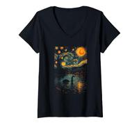 Donna Nessie Loch Ness Mostro Notte Stellata Stile Van Gogh Maglietta con Collo a V