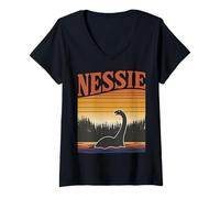 Donna Nessie Loch Ness Mostro Retro Tramonto Lago Maglietta con Collo a V