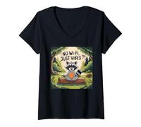 Donna Nessun Wi-Fi Solo Vibes Raccoon Camping Maglietta con Collo a V