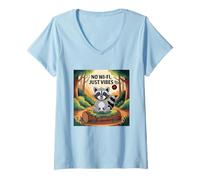 Donna Nessun Wi-Fi Solo Vibes Raccoon Camping Maglietta con Collo a V