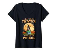Donna Never Mind The Witch Attenti al Pit Bull Dog Halloween Maglietta con Collo a V