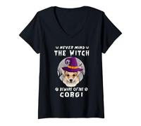 Donna Never Mind The Witch Beware of Corgi Dog Halloween Maglietta con Collo a V