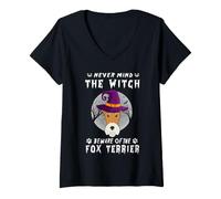 Donna Never Mind The Witch Beware of Fox Terrier Dog Halloween Maglietta con Collo a V