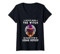 Donna Never Mind The Witch Beware of German Shepherd Dog Halloween Maglietta con Collo a V