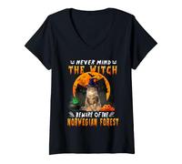 Donna Never Mind The Witch Beware of Norwegian Forest Halloween Maglietta con Collo a V