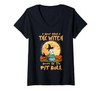 Donna Never Mind The Witch Beware of Pit Bull Dog Halloween Maglietta con Collo a V