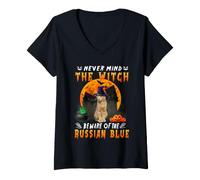 Donna Never Mind The Witch Beware of Russian Blue Cat Halloween Maglietta con Collo a V