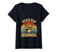 Donna Never Stop Drumming Skeleton Drummer Batterista Maglietta con Collo a V