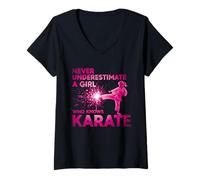 Donna Never Underestimate a Girl Who Knows Karate Frase Divertente Maglietta con Collo a V
