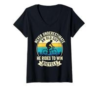 Donna Never Underestimate An Old Guy Bicycle Ciclista Vintage Maglietta con Collo a V