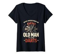 Donna Never Underestimate An Old Man Darts Funny Dart Player Maglietta con Collo a V