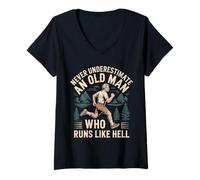 Donna Never Underestimate An Old Man Who Runs Like Hell - Maglietta con Collo a V