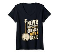 Donna Never Underestimate An Old Man with A Banjo Maglietta con Collo a V