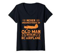 Donna Never Underestimate An Old Man with An Rc Airplane Maglietta con Collo a V
