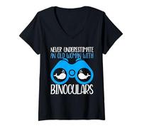 Donna Never Underestimate An Old Woman Binocular Whale Watching Maglietta con Collo a V