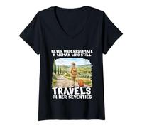 Donna Never Underestimate Woman 70s Anni Settanta Travel Design Maglietta con Collo a V
