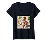 Donna New Funny Distressed Male Doll Face Meme at Beach Maglietta con Collo a V