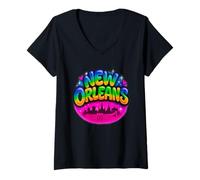 Donna New Orleans City Retro Arcobaleno Skyline Art Maglietta con Collo a V