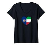 Donna New York and Italy Flags: Heart Shaped Unity Maglietta con Collo a V