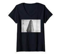 Donna New York City Famous Building NYC Immagine in Bianco e Nero Maglietta con Collo a V