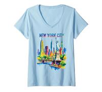 Donna New York City Skyline Art NYC Souvenir Brooklyn Bridge Donne Maglietta con Collo a V