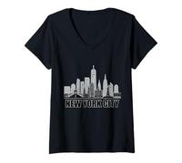Donna New York City Skyline battito cardiaco statua della libertà NY amante Maglietta con Collo a V