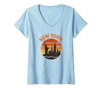 Donna New York City Skyline Retro Tramonto Urbano Grafica Design Maglietta con Collo a V