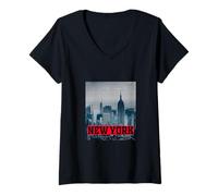Donna New York City Skyline T-Shirt, New York Illustration Graphic Maglietta con Collo a V