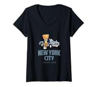 Donna New York City Stylish Teddy Bear Illustration Graphic Design Maglietta con Collo a V