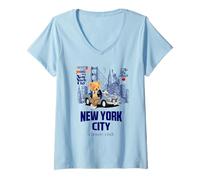 Donna New York City Teddy Bear Illustration Graphic Design Maglietta con Collo a V