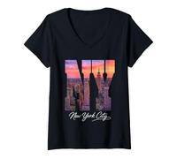 Donna New York, Orizzonte, Tramonto, da, Aereo, Viaggio, Arte Maglietta con Collo a V
