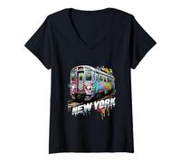 Donna New York Treno Graffiti Style NYC Metropolitana Maglietta con Collo a V