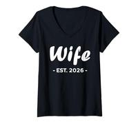 Donna Newlywed Marriage Quote Minimalist Simple Wife EST 2026 Maglietta con Collo a V