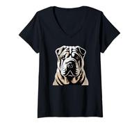 Donna Newspaper Art Chinese Shar-Pei Maglietta con Collo a V
