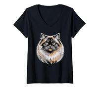 Donna Newspaper Art Himalayan Cat Maglietta con Collo a V