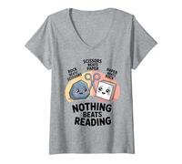 Donna Niente batte Reading Rock Paper Scissors Funny Book Lover Maglietta con Collo a V