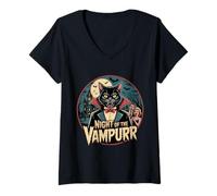Donna Night of The Vampurr Funny Cat Vampire Halloween Maglietta con Collo a V