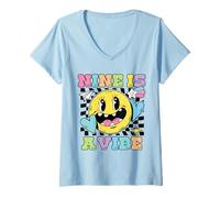 Donna Nine Is A Vibe 9° Compleanno Groovy Sorridente Faccia Ragazzi Ragazze Maglietta con Collo a V