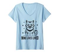 Donna Nine Lives Lived Feline Pet Meow Love Cats Maglietta con Collo a V