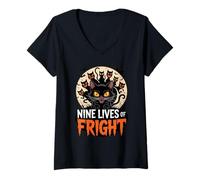 Donna Nine Lives of Fright Funny Halloween Cat Maglietta con Collo a V